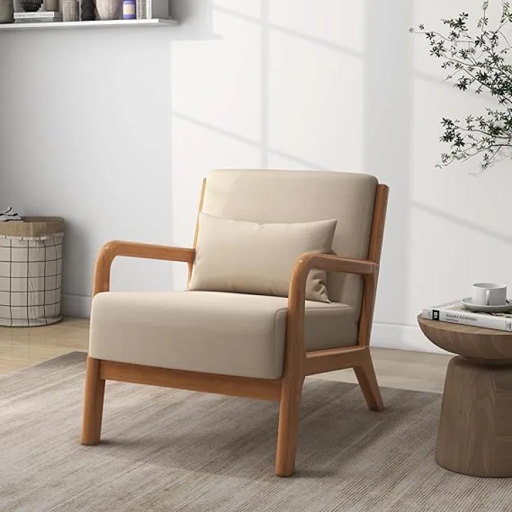 Accent Chair, Mid Century Modern Armchair with Pillow, Upholstered Lounge Sofa Reading Side Chair for Living Room Bedroom（Leather Light Brown, Set of 1