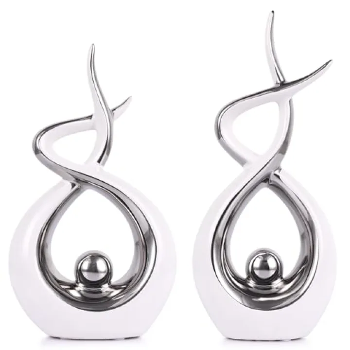 PlivBloom Silver White Abstract Ceramic Modern Sculpture, Knick Knacks Statues for Living Room, Shelf, TV Stand, Coffee Table, Dining Room, Office, Bedroom, Home Decor, Centerpiece, Great Gift Idea