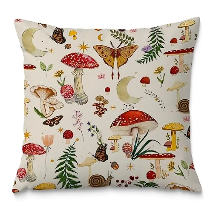 Fuasei Mushroom Throw Pillow Covers 18x18, Farmhouse Throw Pillow Covers, Cottagecore Mushroom Decorative Throw Pillow Covers, Mushroom Room Decor, Cottagecore Decor, Farmhouse Decor