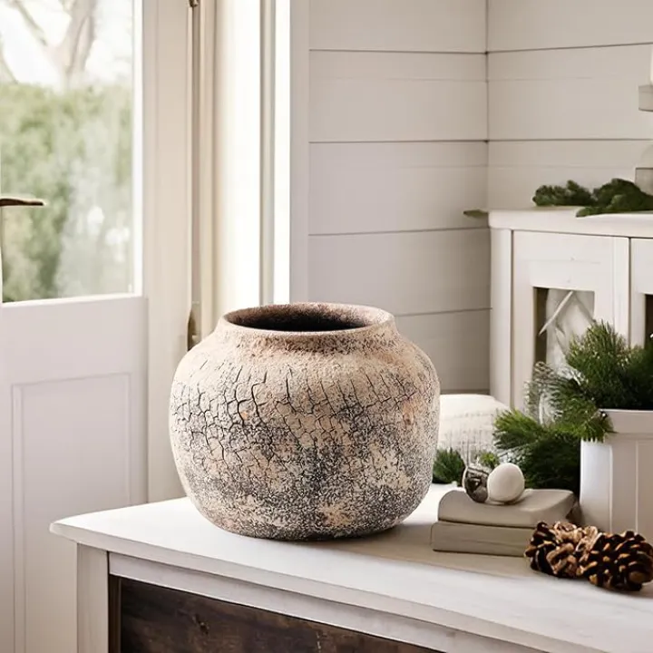 ALMA Artisanal Textured Ceramic Vases Pot|Short Wide Flower Vase for Rustic Farmhouse Home Decor|Wide Mouth Vintage Terracotta Vase Ideal for Shelf Decor Aesthetic Room