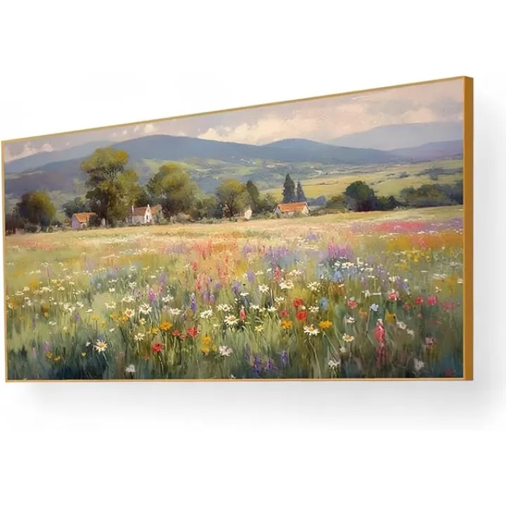 Vintage Landscape Wall Art,Wildflower Canvas Art,Landscape Pictures,Farmhouse Vintage Paintings,Framed Wall Art for Bedroom,Living Room,Dining Room,Ready to Hang (Gold Frame,30" L x 17" W)