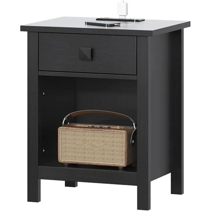 Nightstand with Charging Station, 23.6 Inch Side Table with Wood Drawers and Storage Shelf, End Table Bedside Table with USB Ports and Outlets, Night Stand for Bedroom, Black