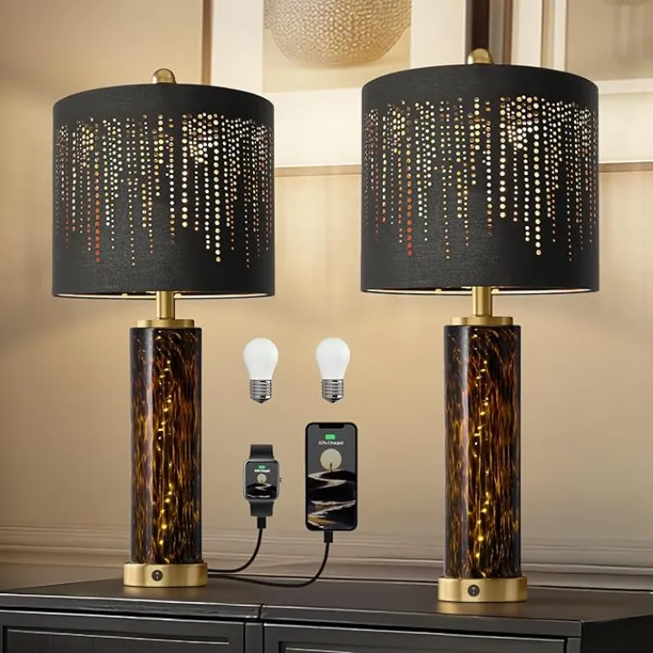 Oneach 27.75" Modern Table Lamps Set of 2, Gold Bedside Lamp with Leopard Glass Nightlight, USB A+C, Black Crystal Shade, Unique Desk Lamps for Living Room, Bedroom, Nightstand (2 Bulbs Included)