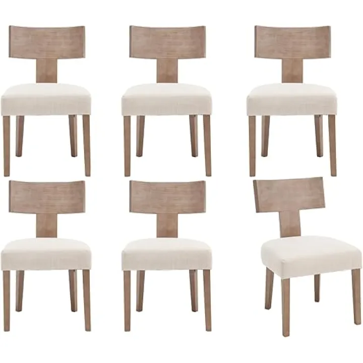 chairus Farmhouse Dining Chairs Set of 6, Upholstered Accent Chairs with Natural T-Shape Wood Back Armless Kitchen Chairs with Soft Pad, Linen Beige