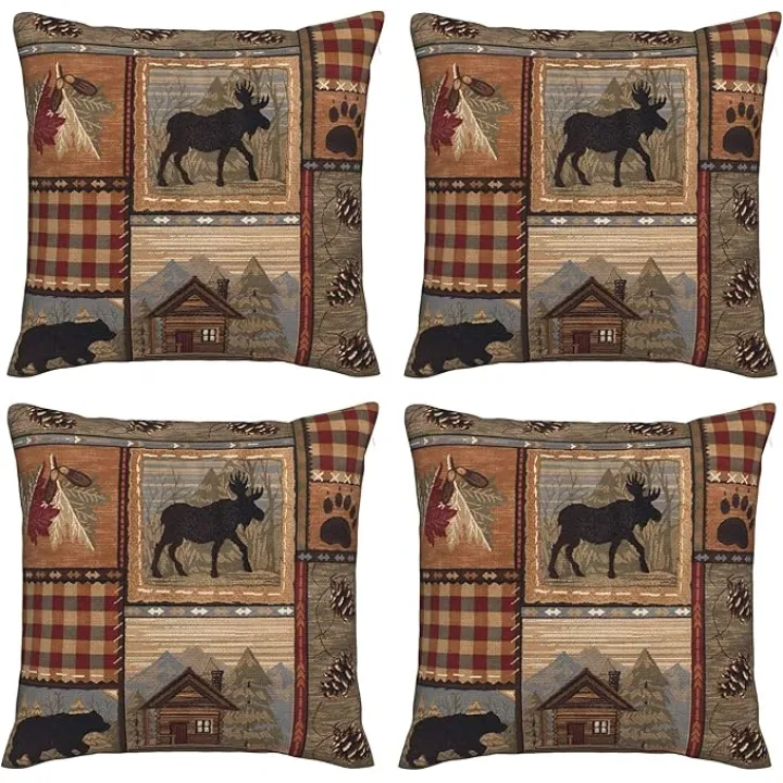Set of 4 Square 18x18 inch Retro Brown Throw Pillow Covers Rustic Lodge Bear Moose Decorative Throw Pillowcase for Home Sofa Thick Cotton Linen Cushion Cases (45x45 cm) Paw Prints Cabin