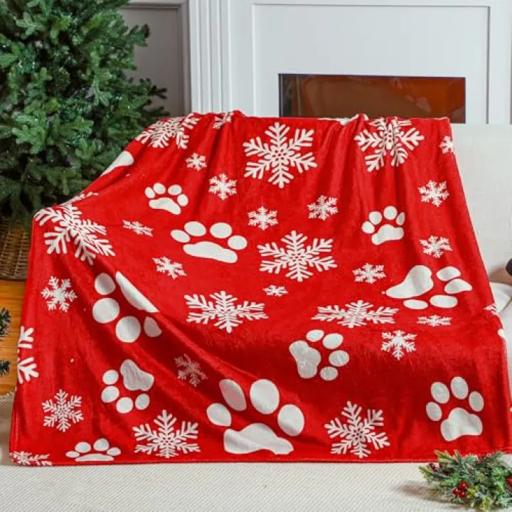 HunnmingRe Christmas Animal Blanket Cute Dog Paws Flannel Blanket Red Snowflake Soft Blanket for Dog Lovers Bedding, 50" x 60"