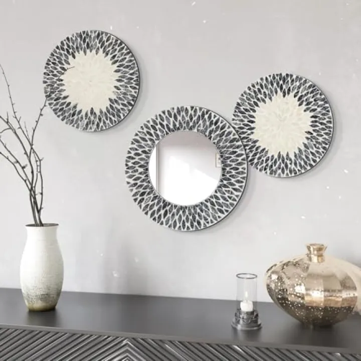 TEIPAI Natural Mother of Pearl Mirror Wall Decor for Bedroom Bathroom, 3PCS Geometric Wall Art Modern Home Office, Handmade Mosaic Art Circle Sculptures for Kitchen Living Dining Room (Black White)