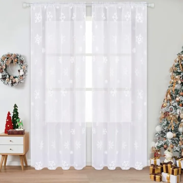 FRAMICS Christmas Sheer Curtains 84 Inch Length Embroidered Snowflake Window Curtains for Living Room Sheer Christmas Curtains Rod Pocket White Window Curtains for Winter, 52" W x 84" L, 2 Panels