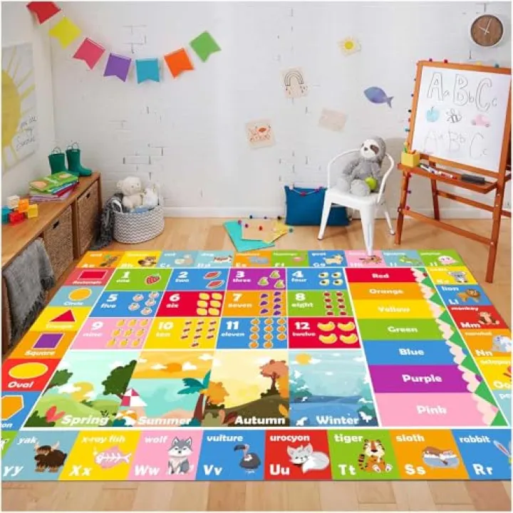 Lukhevev 39x59in Kids Rug ABC Rug, Play Mat for Kids Playroom ABC Educational Area Rug for Playroom Classroom Elementary Preschool Rugs wtih Numbers Animals