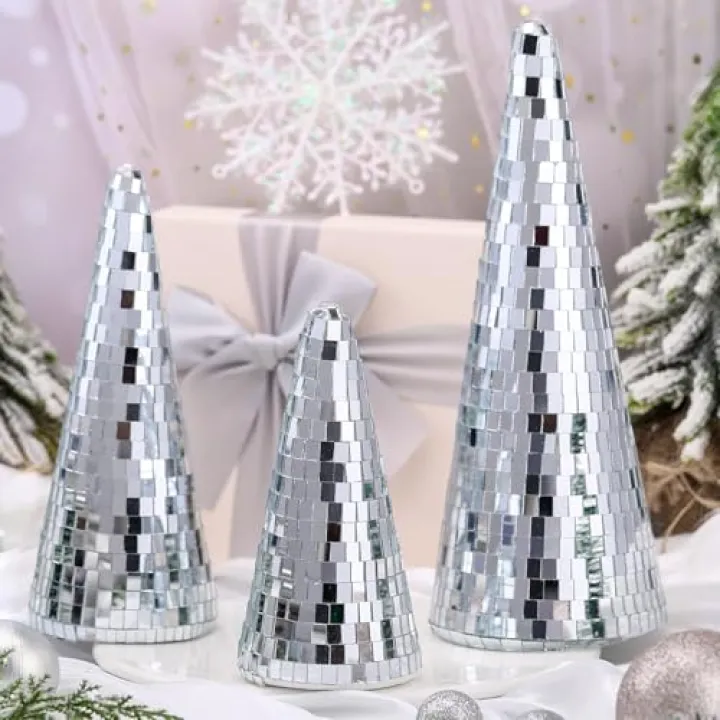 Burbell 3 Pieces Disco Christmas Tree Shiny Cone Tree Tabletop Christmas Tree Decorative Handmade Disco Decor for Xmas Table Party Centerpiece Decoration(Silver,9.84", 7.87",5.91")