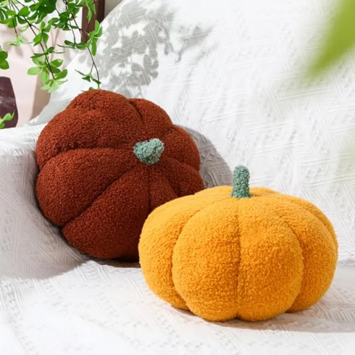 Kajaia 2 Pcs Pumpkin Pillow Plush 11 x 9.5 Inch 3D Cushion Fall Decorations Simulated Stuffed Throw Pillows for Halloween Thanksgiving Bedroom Sofa Couch Supplies (Yellow,Brown)