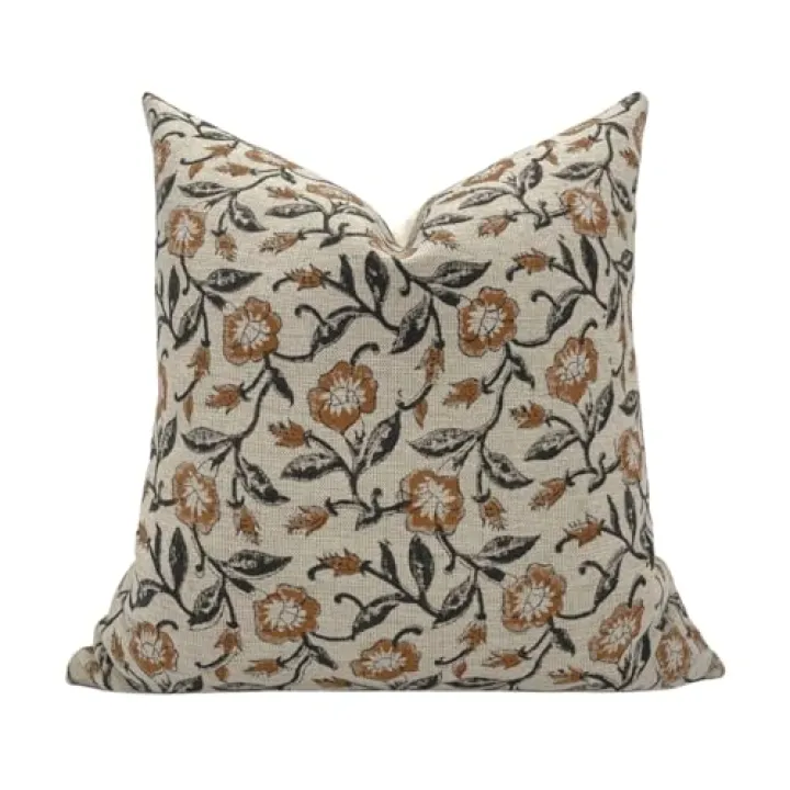 Pack of 2 Floral Block Print Pillow Covers, Decorative Vintage Design, for Living Room Couch, Sofa, Throw Pillow Cover, 18x18 Inch Neutral Floral Pillow Covers, Print on One Side Only
