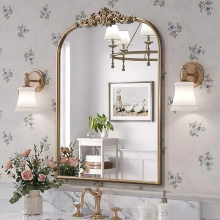 Brauthon Antique Baroque Gold Mirror, 24” x 32” Vintage Vanity Mirror for Fireplace Mantel, Arch Bathroom Mirror for Wall with Ornate Metal Frame for Entryway Bedroom Living Room