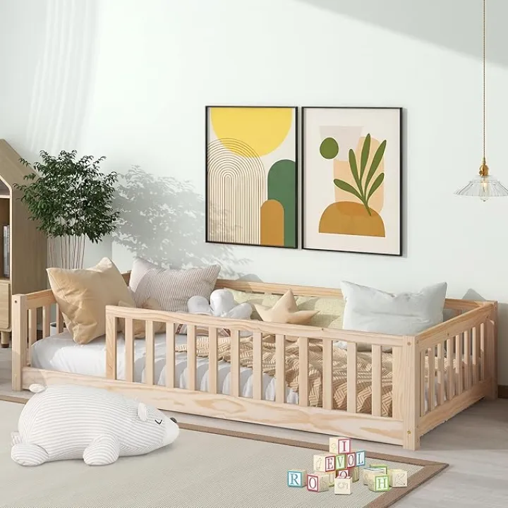 LLS Twin Floor Bed for Kids Solid Wood Montessori Bed Frame with Safety Guardrails Multifunctional Montessori Floor Bed for Toddlers, Without Door, Natural