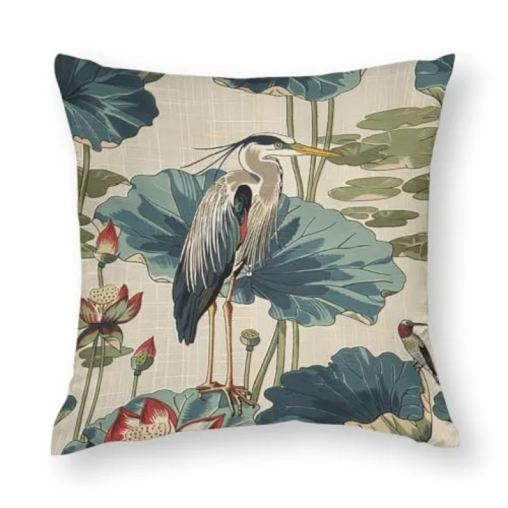 Plujam Custom Decorative Pillow Covers 18x18 Birds and Lotus Flowers Porch Pillows with Hidden Zipper Decor for Home Car Outdoor She Shed
