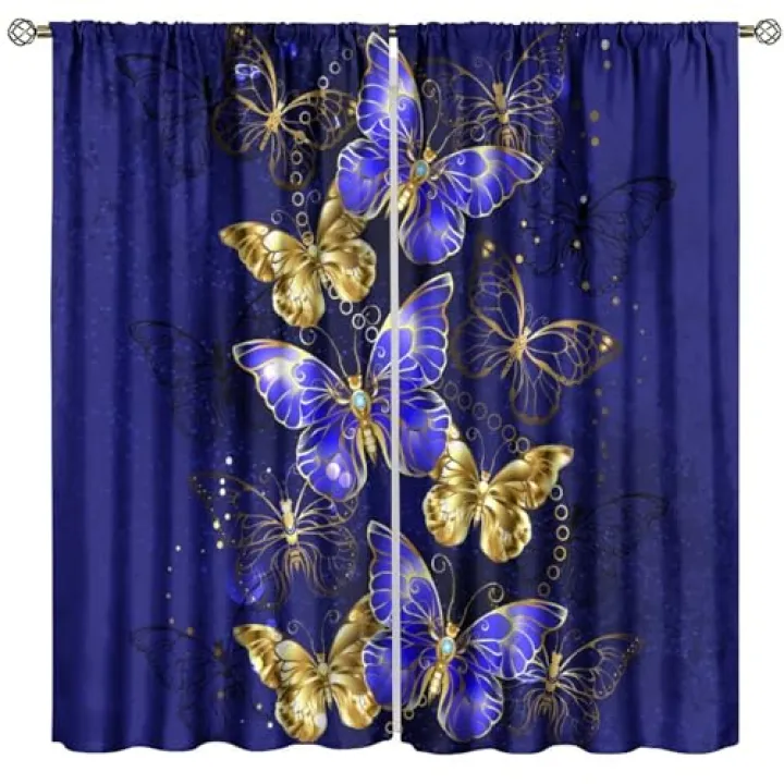 Fantasy Butterfly Curtains, Composition of Luxurious Sapphire Gold Jewelry Butterflies on Blue Textured Background Window Drapes for Living Room Bedroom Bathroom 42" W X 45" L(No Blackout)