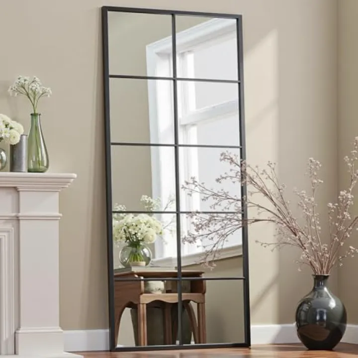 Prywot Full Length Mirror, 65"x24" Window Pane Mirror for Wall Decor, Black Full Body or Wall Mounted Mirrors, Farmhouse Standing Mirrors Hanging or Leaning for Living Room, Entryway, No Stand