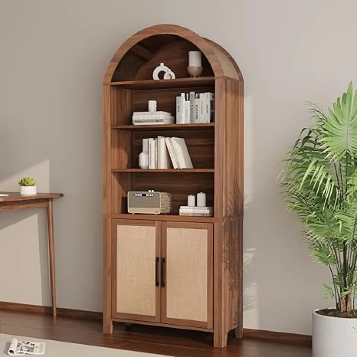 71" Tall Arched Bookcase with Storage, Mid-Century Modern 6-Tier Cabinet with Door, Arched Bookshelf Cabinet with Open Display Storage Shelf for Office Living Room (Walnut)