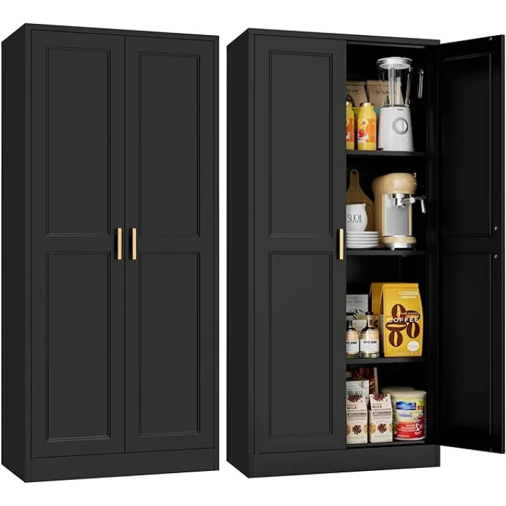 Black Metal Storage Cabinet with Doors, 71" Tall Kitchen Pantry Cabinet and 4 Adjustable Shelves, 5-Tier Kitchen Storage Cabinets, Modern Tall Large Cupboard for Home Office, Dining Room, Living Room