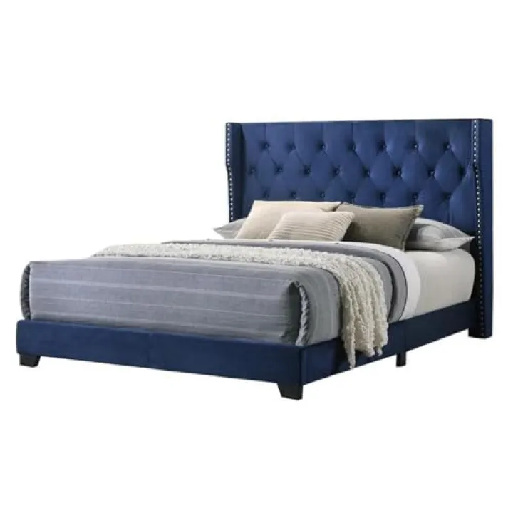 Pemberly Row Navy Blue Velvet Panel Bed with Tufted Headboard in Queen Size