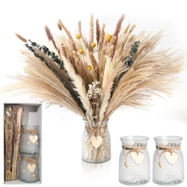 149 Pcs Dried Pampas Grass Decor Dining Table Centerpiece with 2 Pcs 6.3in Vase DIY Boho Decor Natural Dried Pampas Grass for Home Decor Birthday Party Thanksgiving Christmas Weddings Decor