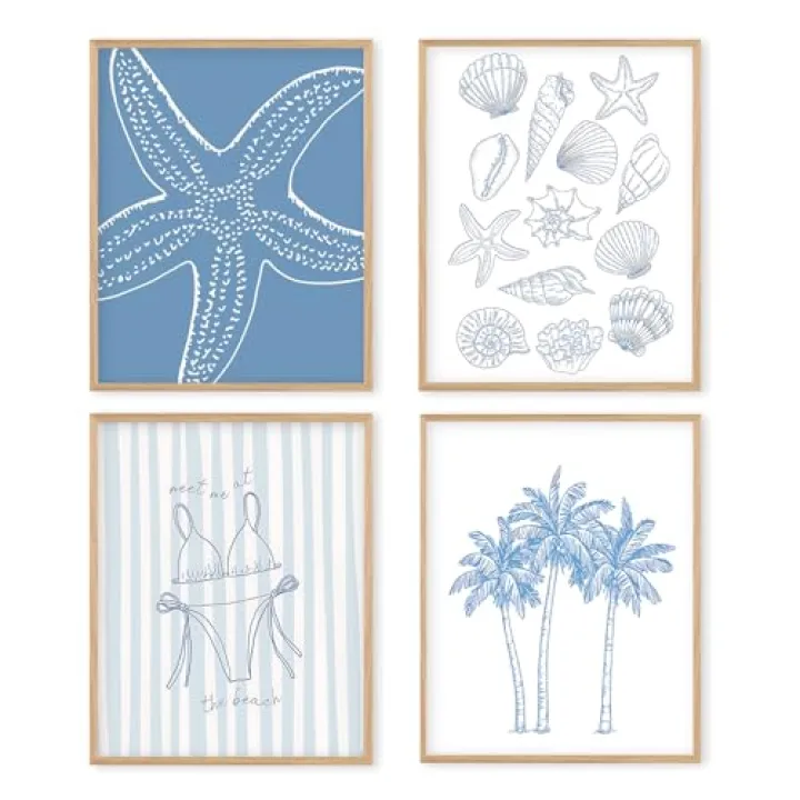 Boat Wades Beach Coastal Shell Unframed Wall Art Prints,seashell Beach Coastal Posters & Prints Wall Art Decor,Seashell Trendy Wall Decor For Lake House Dorm Bedroom Decorations 8x10 Set Of 4