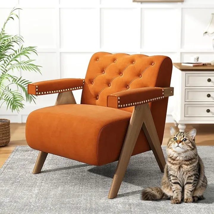 Button Tufted Beige Velvet Accent Chair, Mid Century Armchair with Solid Wood Legs, Upholstered Single Sofa for Living Room, Bedroom, Apartment, Office, Waiting Room