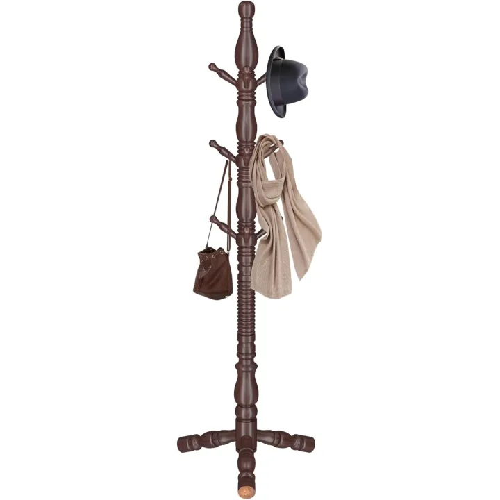 Wooden Coat Rack Stand, Vintage Wood Coat Rack Freestanding with Sturdy Triangle Base,Classic Coat Racks with 9 Hooks, Natural Birch Wood Entryway Coat Hall Tree Hanger Stand