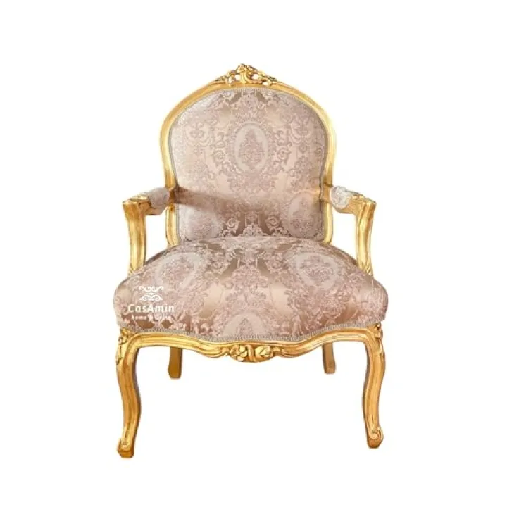 Armchair French Antique Style Chair Royal Baroque Retro Style in Gold Finish Deluxe Fabric in Gold Flower Pattern for Home Décor or Hotel Décor