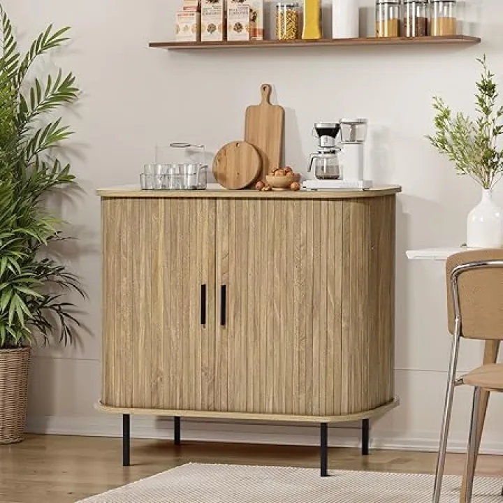 LuxenHome Oak Sideboard Buffet Cabinet with Storage, 35” Mid Century Modern Accent Cabinet, Sliding Door Entryway Small Storage Cabinets for Kitchen, Living Room, Entryway