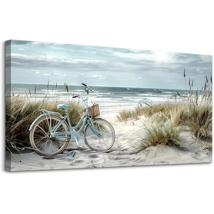 FUHAIHUA Wall Art For Living Room Canvas Decor For Bedroom Modern Office Decorations Blue Beach Bicycle Seascape Paintings Ocean Landscape Pictures Artwork Ready To Hang Home Decor