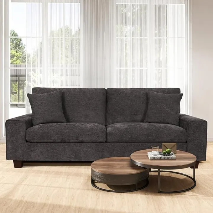 71.25" Chenille Sofa Couches for Living Room, 2 Seater Sofa with 2 Pillows, Small Modern Loveseat Couch for Small Spaces, Office (Dark Grey, 71.25 inches)
