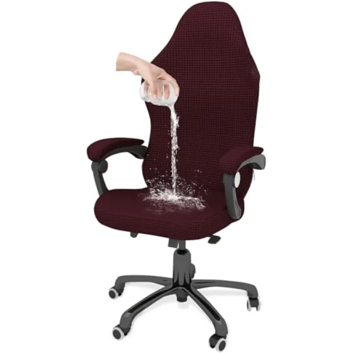 YOPOIY Stretch Gaming Chair Cover Cat Scratch Proof, Waterproof Game Chair Cover Checkered Computer Chair Slipcover with Armrest Covers (Burgundy,one Size)