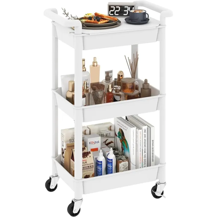 3-Tier Utility Rolling Cart with Cover Top Board, Mobile Utility Cart with Lockable Casters Multi-Functional Storage Trolley for Office, Bathroom, Kitchen, Garden, Laundry Room (White)