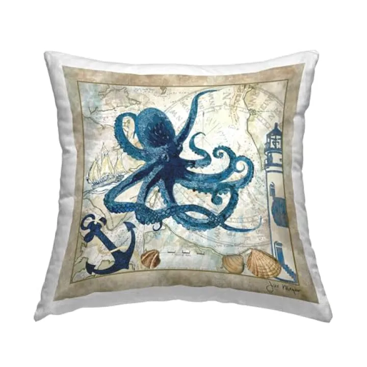 Stupell Industries Octopus & Nautical Map Design by Jill Meyer Throw Pillow