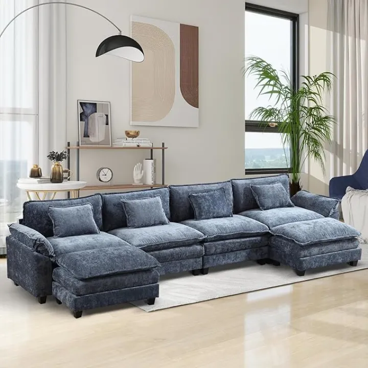 Sectional Sofa, Modular Cloud Couch with Ottoman, Deep Seat Sleeper Sofas with Throw Pillows, Comfy Chenille Loveseat Sofa for Living Room, Apartment (Blue, U-Shaped & 2 Ottoman)