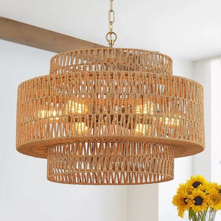 Hand-Woven Rattan Chandelier Vintage Farmhouse 6-Lights Boho Bamboo Chandelier Light Fixture 23.6" Retro 3-Tier Drum Wicker Rattan Golden Chandeliers for Dining Room, Kitchen, Living Room