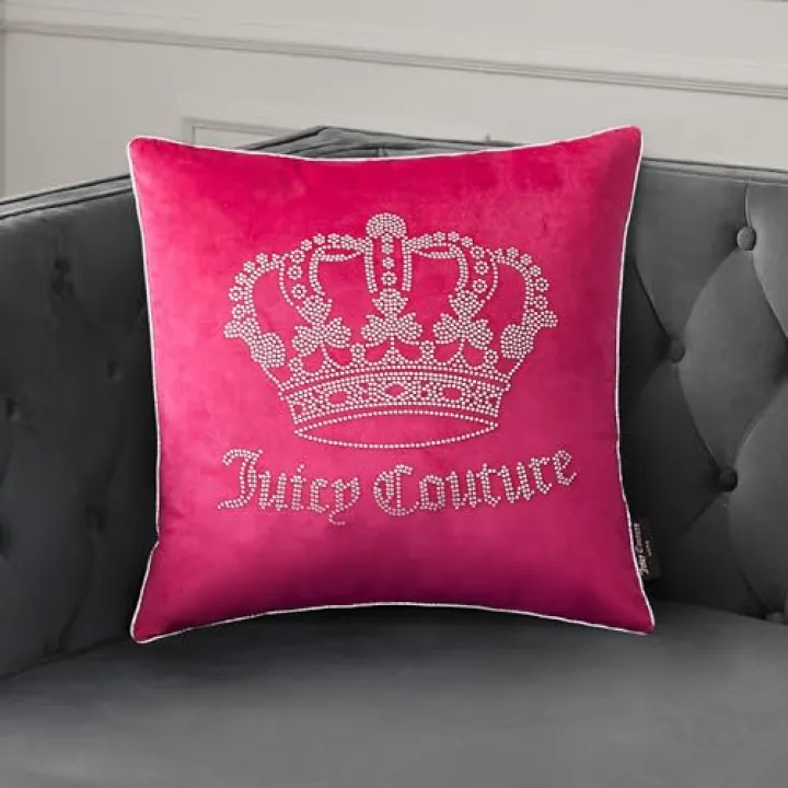 Juicy Couture Square 1-Piece Living Room and Bedroom Décor, Premium Throw Pillow, 20"x20", Hot Pink Rhinestone Crown
