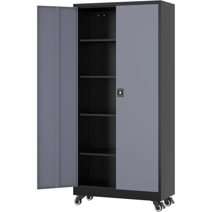 73" Metal Cabinet-Black&Gray Heavy Duty Rolling Storage Cabinet Steel Tool Cabinets with Wheels, Shelves, Lockable Doors and Drawers- for Garage, Pantry, Warehouse - Assembly Required