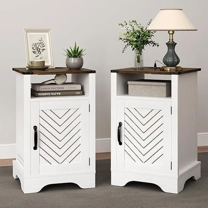 RoyalCraft Farmhouse Nightstand, White Night Stand with LED Lights and Charging Station, Bedside Table Set of 1 with Storage and Door, Wood End Table for Bedroom, Home Office, White