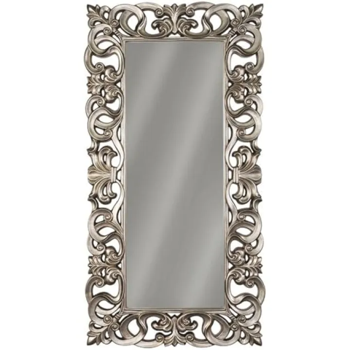 BOWERY HILL Contemporary Decorative Floor Mirror, 70 x 34.5 in, Antique Silver Finish, Mirrored Glass Polyresin, Ornate Scroll Design, D-Ring Bracket Hanger, Accent Mirror for Bedroom or Living Room