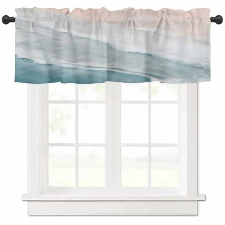 Ruian Store Coastal Kitchen Curtain Valances for Windows,Seaside Gradient Blue Wave Rod Pocket Small Valance Beach Natural Scene Short Window Treatment for Bedroom Bathroom Living Room,54x18in