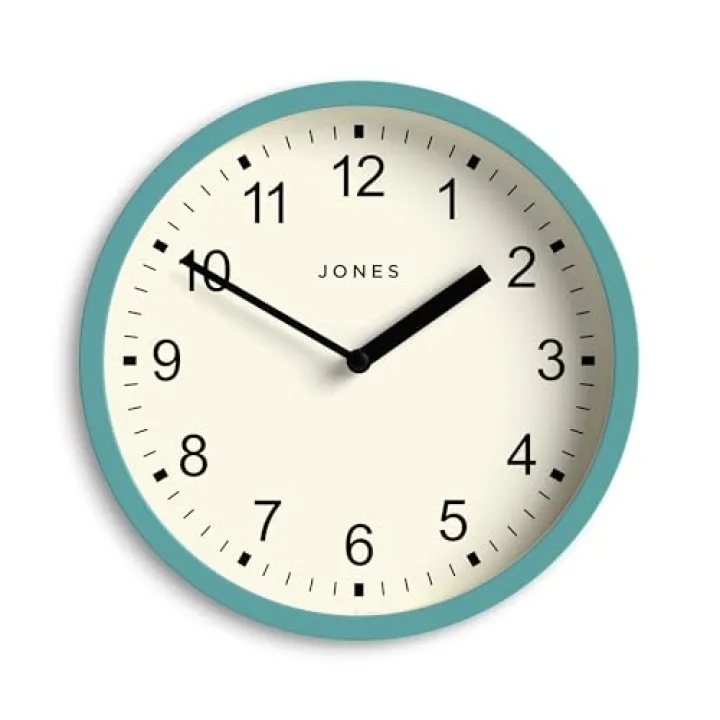 JONES CLOCKS® Spin Wall Clock | Small Modern Round Clock | 8 inch | Teal Blue | Easy to Read Numbers | Ideal for Kitchen, Office, Children’s Room or Any Small Space