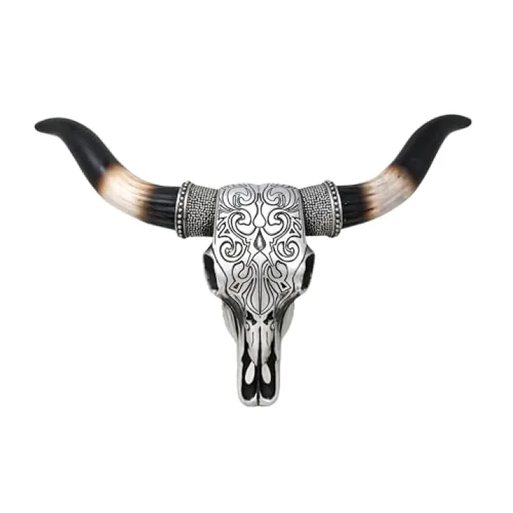 BestGiftEver Tooled Silver Resin Bull Skull Wall Decor with Scrolls Design | Western Rustic Southwestern Home Accent | Faux Cow Skull Wall Art | Unique Animal Head Decor for Living Room or Ranch House 19.25" (L)