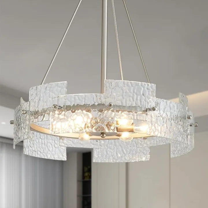 Drum Chandeliers for Dining Room Modern 6-Light Glass Farmhouse Pendant Lighting Fixtures Silver Round Chandelier for Kitchen Island Living Room Entryway,19.7"