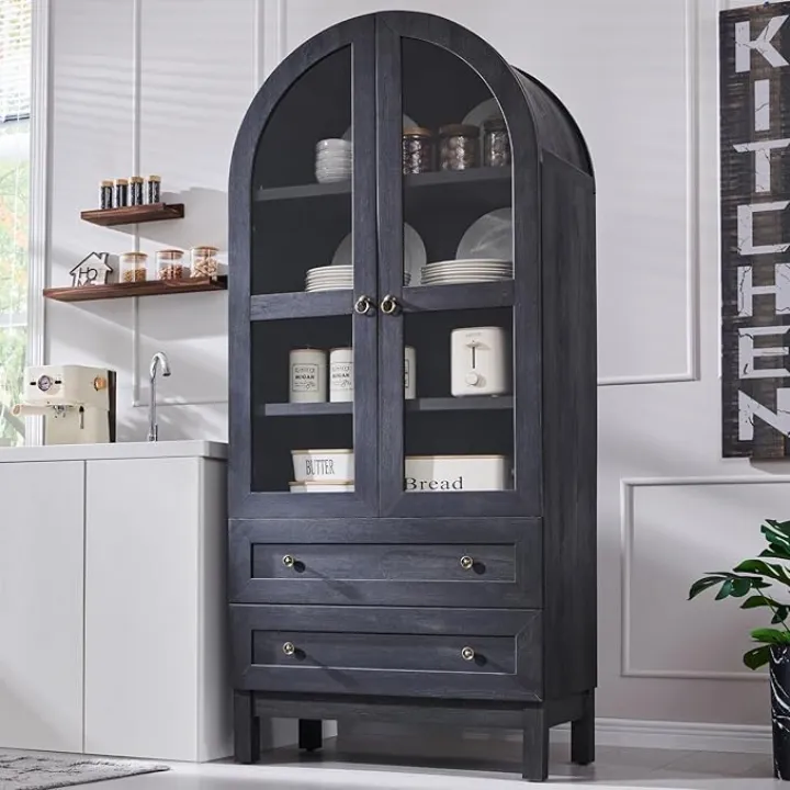 71" Tall Arched Kitchen Pantry Cabinet, Wood Kitchens Storage Cabinets with 2 Large Drawers and Adjustable Shelves, Modern Farmhouse Versatile Cupboard for Kitchen, Dining Room, Bathroom, Grey