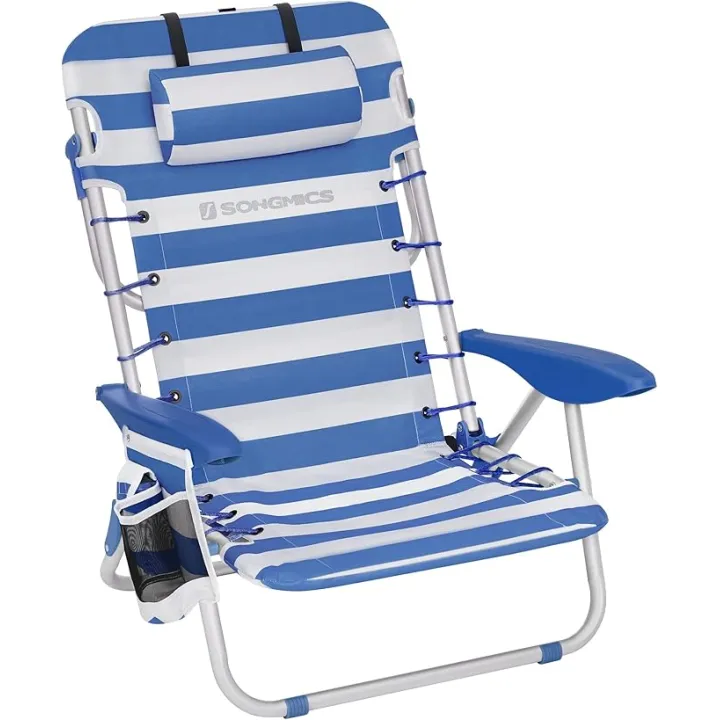 SONGMICS Portable Backpack Beach Chair, 331 lb Capacity, 4 Angles Adjustable Backrest, 2 Side Pockets, Towel Bar, Blue and White UGCB62BU