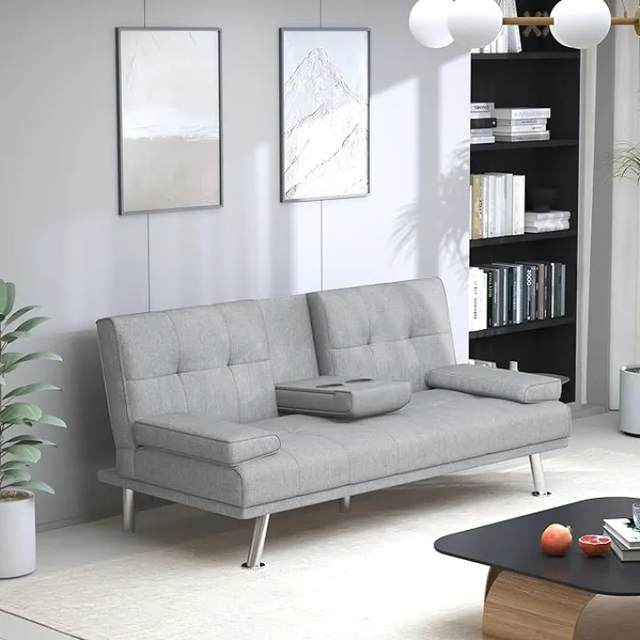 Futon Sofa Bed Modern Folding Couch for Small Space, Linen Convertible Loveseat Sleeper Bed Daybed Recliner Lounge Sofas for Living Room,2 Cup Holders,Metal Legs,Removable Armrests (Light Gray)