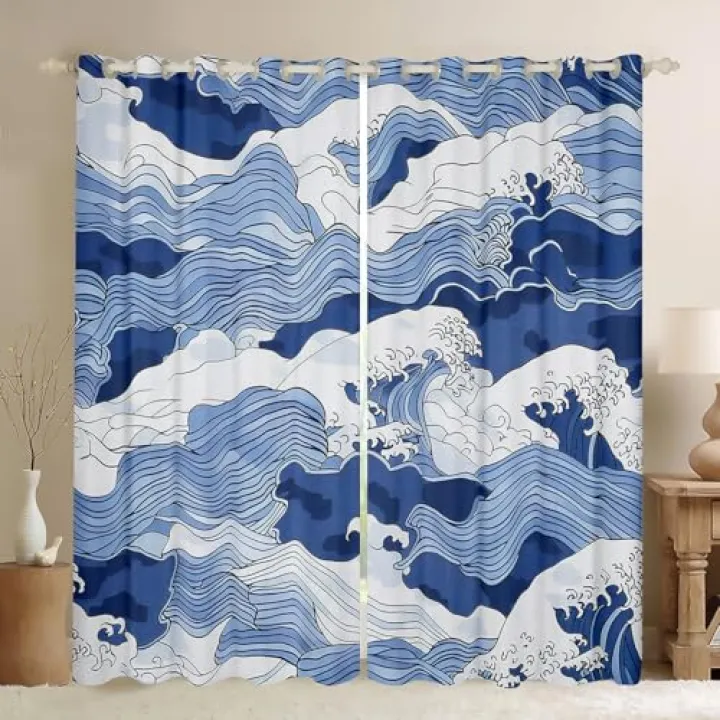 Feelyou Ocean Wave 30%-50% Room Darkening Blackout Curtain (2 Panels, 38 x 54 Inch) Sea Waves Curtains for Bedroom Living Room Japanese Wave Blackout Curtains Blue Window Treatments