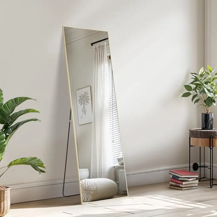 Simple Deluxe Full Length Mirror, Floor Mirror with Stand, Mirrors Full Length for Home Wall Decor, Aluminum Frame Large Mirrors 64"×21" for Bedroom Room Decor - Gold